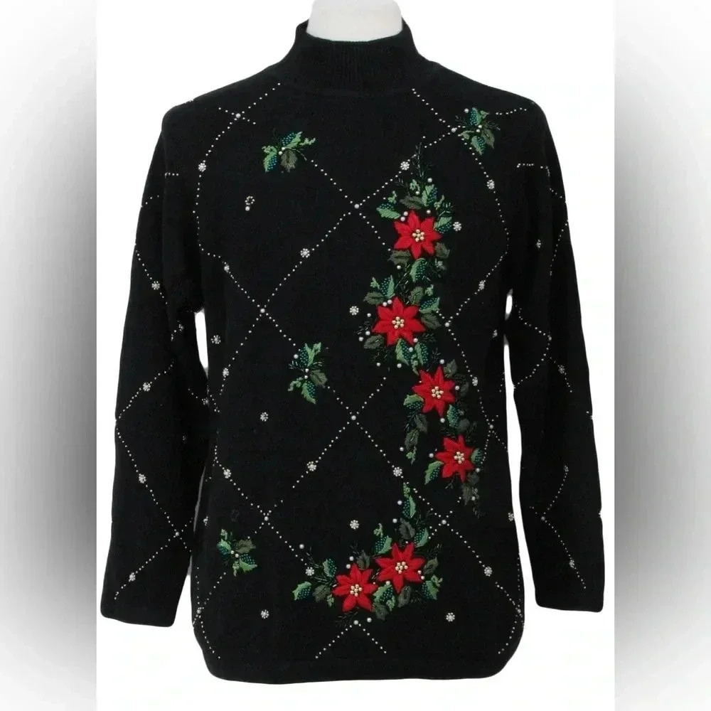 Vintage Victoria Jones Black & Red Floral Winter Mock Neck Sweater Size Small